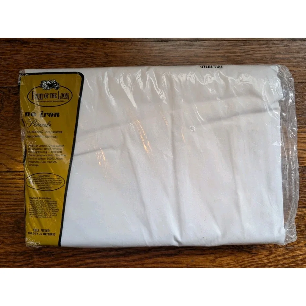 Vtg New Fruit of the‎ Loom Percale 50/50 Poly Cotton White Double Fitted Sheet